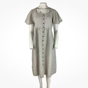 Lands End Sz S (6-8) 100% Linen Button Front Travel Modest Shirt Dress Beige